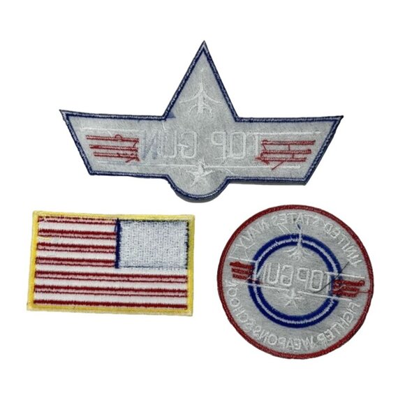 Top Gun Navy Fighter Weapons School & American Flag Iron-On Patches Set - Picture 2 of 5